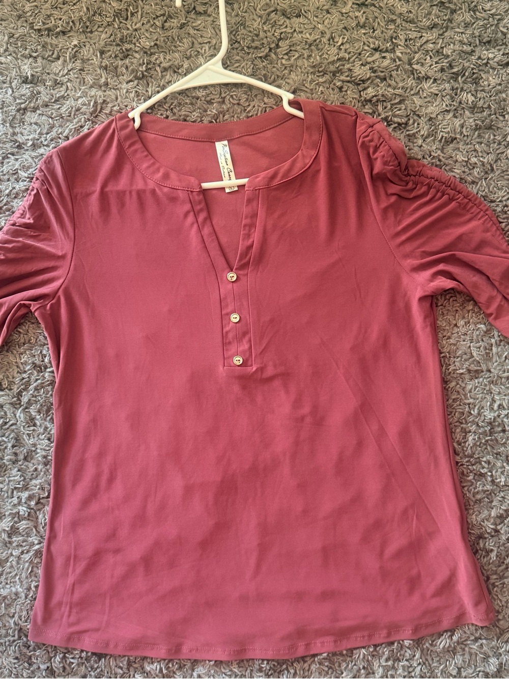 New Women's Gathered-Sleeve Henley Blouse in Dusty Rose